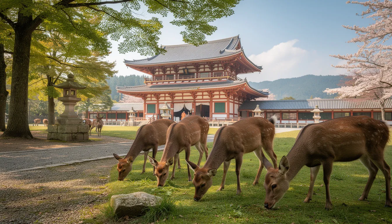 The image depicts a serene scene of deer grazing peacefully in Nara Park, with traditional Japanese temple buildings in the background, showcasing the rich history and culture of Japan. The tranquil setting highlights the harmonious coexistence of nature and traditional architecture, making it a picturesque spot for visitors.