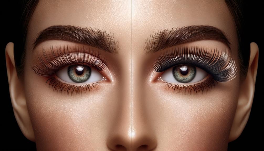 An image comparing two female eyes, one with long, lush eyelashes from Wimpernserum and the other with dramatic Wimpernextensions, against a neutral background.