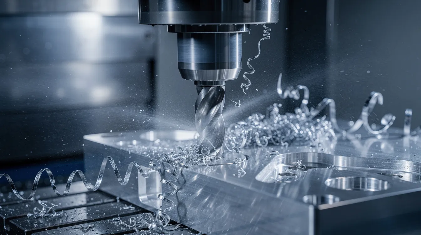 The image depicts a CNC machining center actively engaging in the machining process, with metal chips curling away from a rotating cutting tool as it shapes an aluminum workpiece. This scene illustrates the precision and efficiency of CNC technology in modern manufacturing, highlighting the use of cutting tools to remove material and achieve desired shapes.