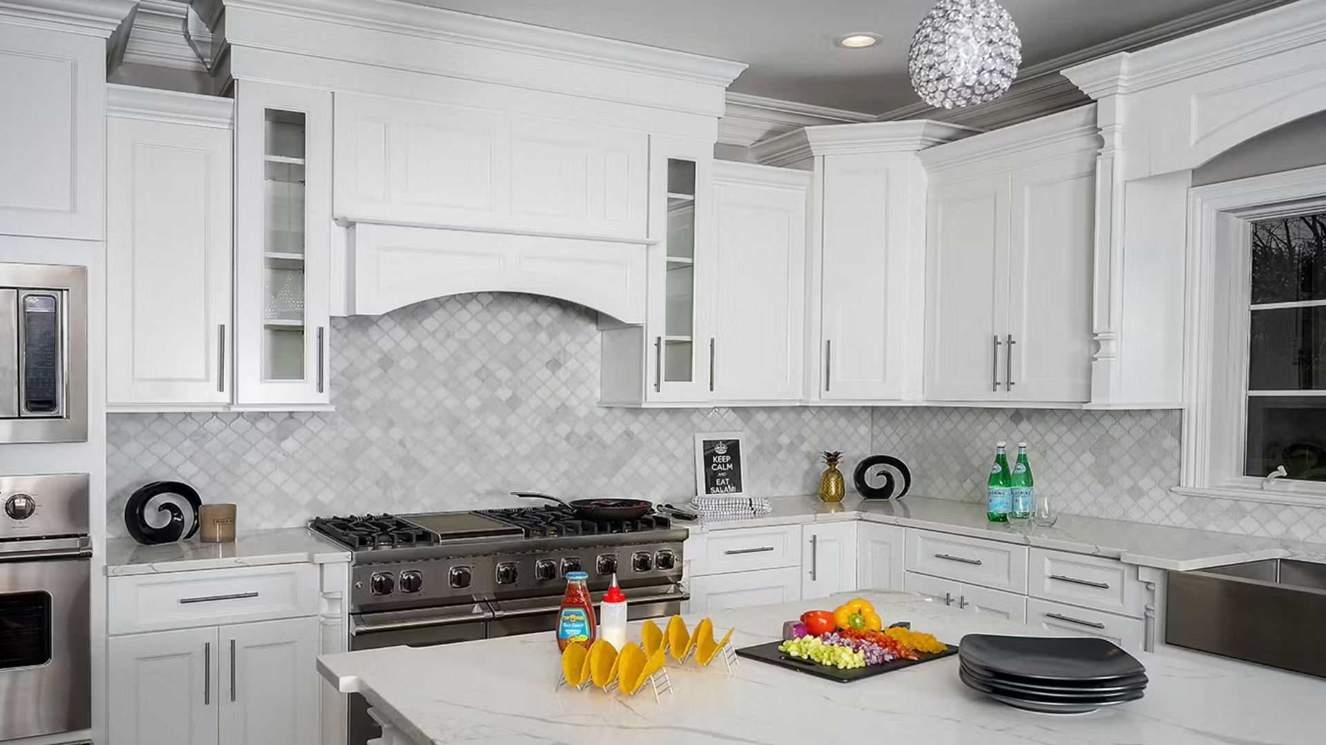A kitchen with Fabuwood cabinets and minor damages