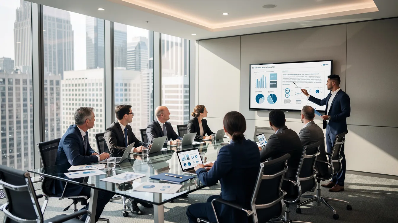 A group of professionals is engaged in a business meeting in a modern conference room, featuring floor-to-ceiling windows that showcase a panoramic view of the city skyline. The setting emphasizes a collaborative atmosphere, ideal for discussing important topics such as visa requirements and business activities.