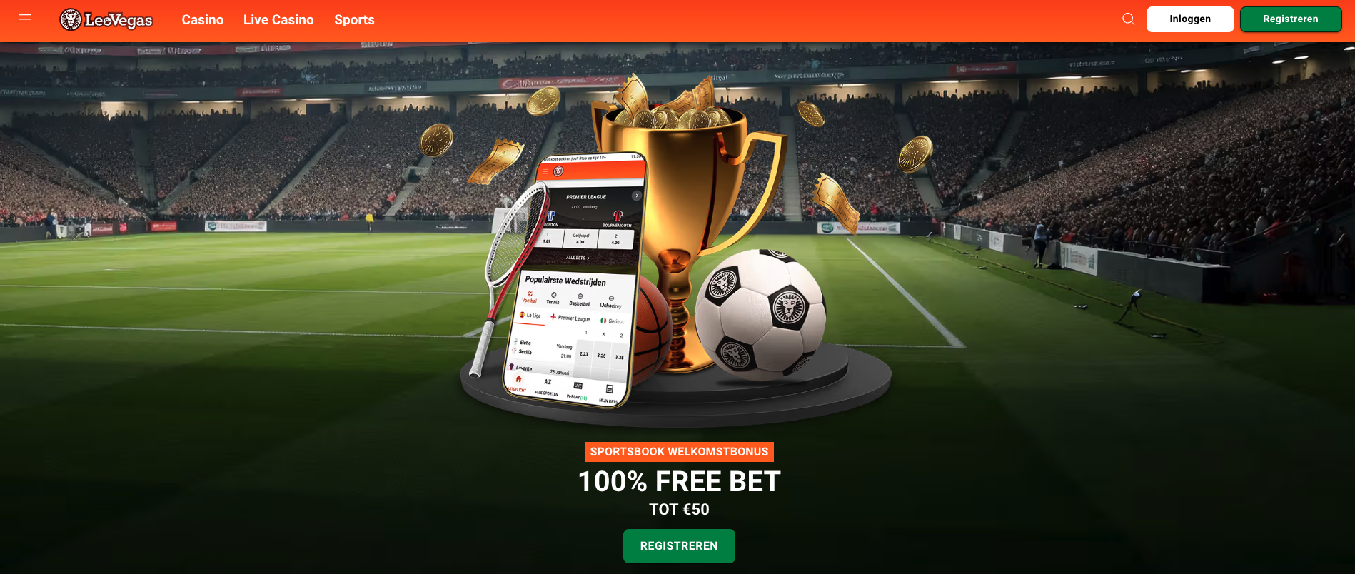 LeoVegas free bet welkomstbonus tot €50 – 100% free bet na eerste storting, met voorwaarden zoals minimale storting, minimale odds en alleen voor nieuwe spelers van 24 jaar of ouder in het sportsbook.