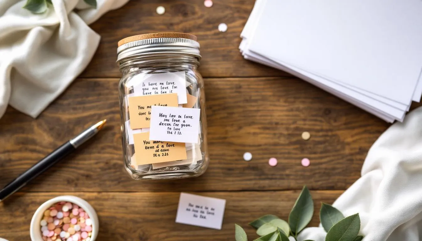In this image, a variety of materials are displayed to create a "reasons I love you" jar, including colorful paper, scissors, a decorative jar, and pens. This fun and heartfelt project allows you to write down ideas and reasons for your loved ones, making it a perfect gift for friends, family, or a boyfriend.