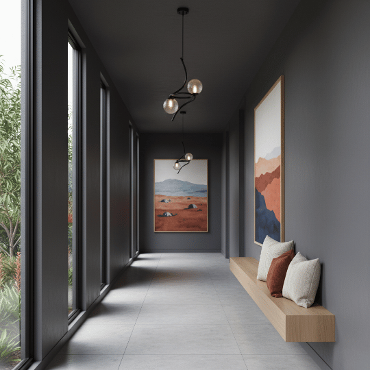 Offset globe pendant lighting adding movement along a long hallway ceiling.
