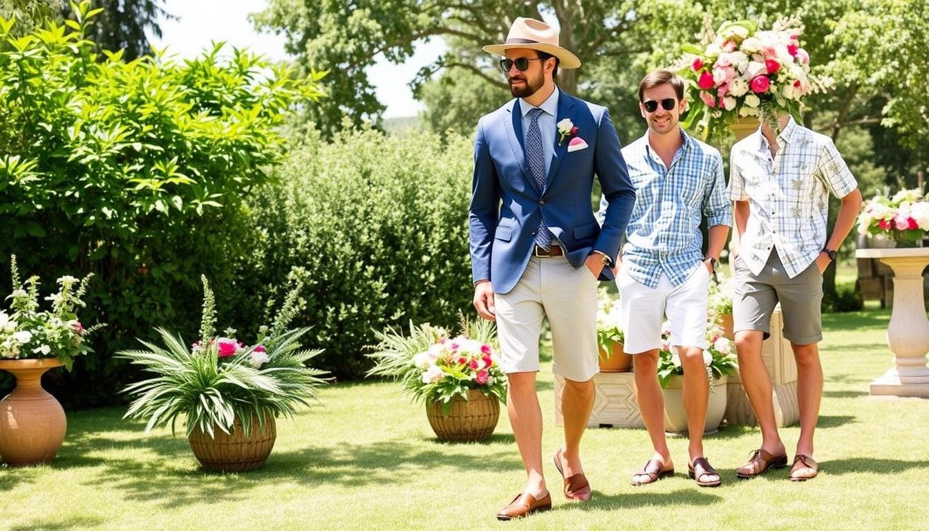 a group of men walking outside, outdoor wedding dress code for guys, beach wedding attire for men