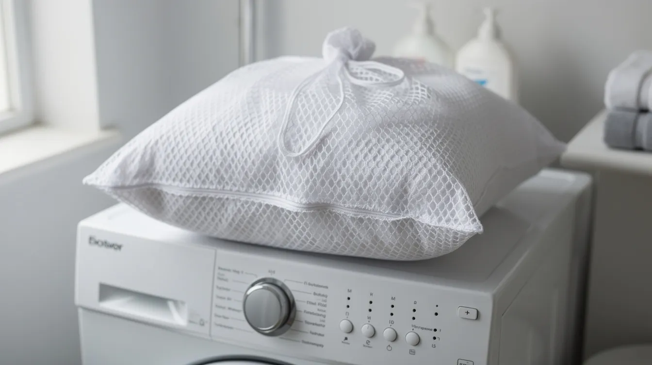 A small microbead pillow is placed inside a white mesh laundry bag on top of a washing machine, ready for machine washing with mild detergent. The mesh bag helps protect the pillow's shape during the wash cycle, ensuring it stays fresh and maintains its original firmness.