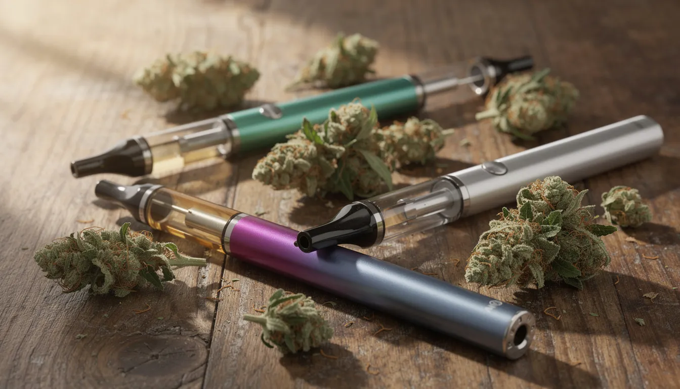 Auf einem Holztisch liegen verschiedene Cannabis-Vape-Pens sowie getrocknete Blüten, die die Vielfalt der Produkte in der Cannabisindustrie zeigen. Diese Produkte, die weniger als 0,2% THC enthalten können, bieten Cannabinoid-Konsumenten unterschiedliche Möglichkeiten zur Entspannung und zum Genuss.