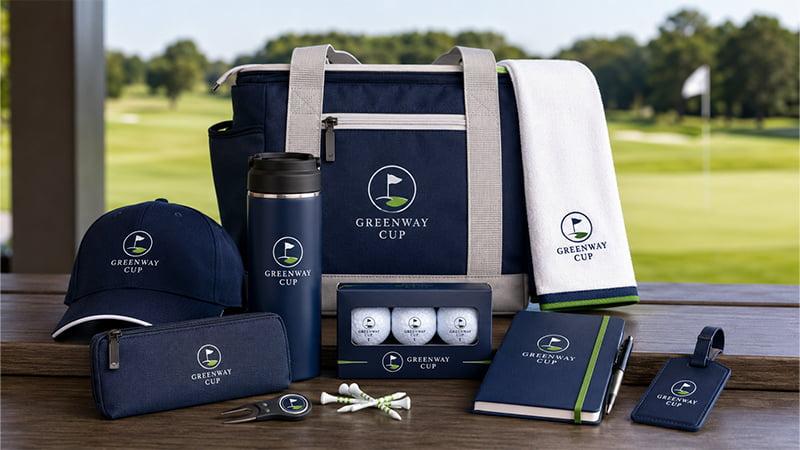 Golf swag bag ideas with branded cooler tote, golf towel, cap, bottle, golf balls, divot tool, tees, notebook, and bag tag