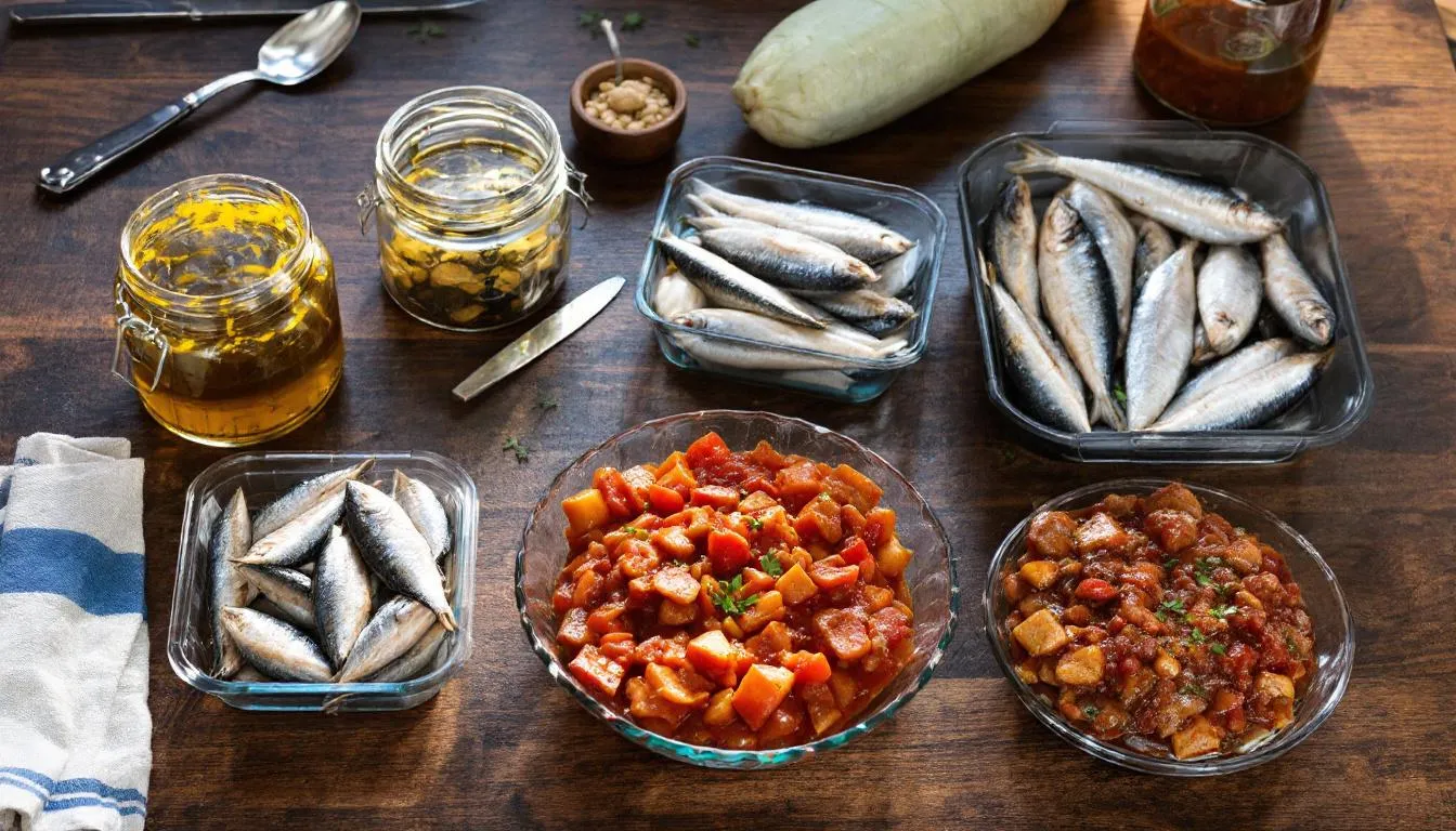 In the image, various types of sardine preparations are displayed on a kitchen counter, including canned sardines in olive oil, fresh whole raw sardines, and cooked sardines in tomato sauce, showcasing the versatility of this oily fish, which is known for its health benefits and omega-3 fatty acids. These preparations highlight options for both human consumption and occasional treats for dogs, emphasizing how sardines can be a nutritious addition to a dog