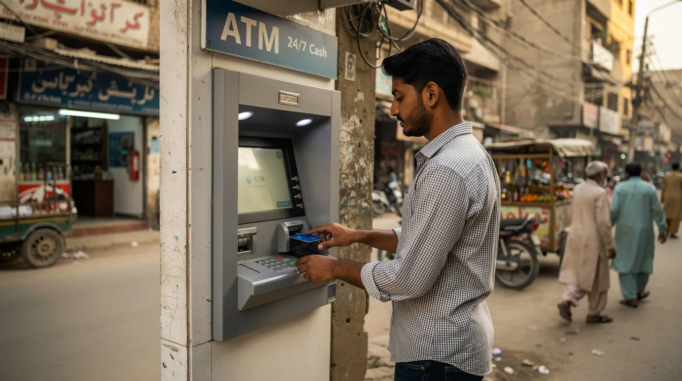 A person is withdrawing cash from an ATM machine using a debit card in a bustling urban setting in Pakistan. The scene captures the ease of accessing funds, highlighting the importance of secure payment methods for international transfers and remittances.