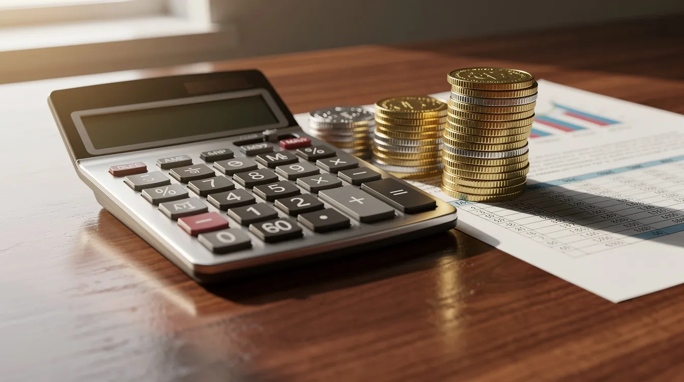 The image features a calculator alongside neatly stacked coins and financial documents on a wooden desk, suggesting a focus on managing finances, possibly related to 公務員 貸款. The scene conveys an atmosphere of careful budgeting and loan application processes.