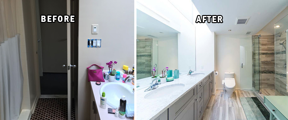 Before and after bathroom project with double-sink gray vanities, toilet, and shower