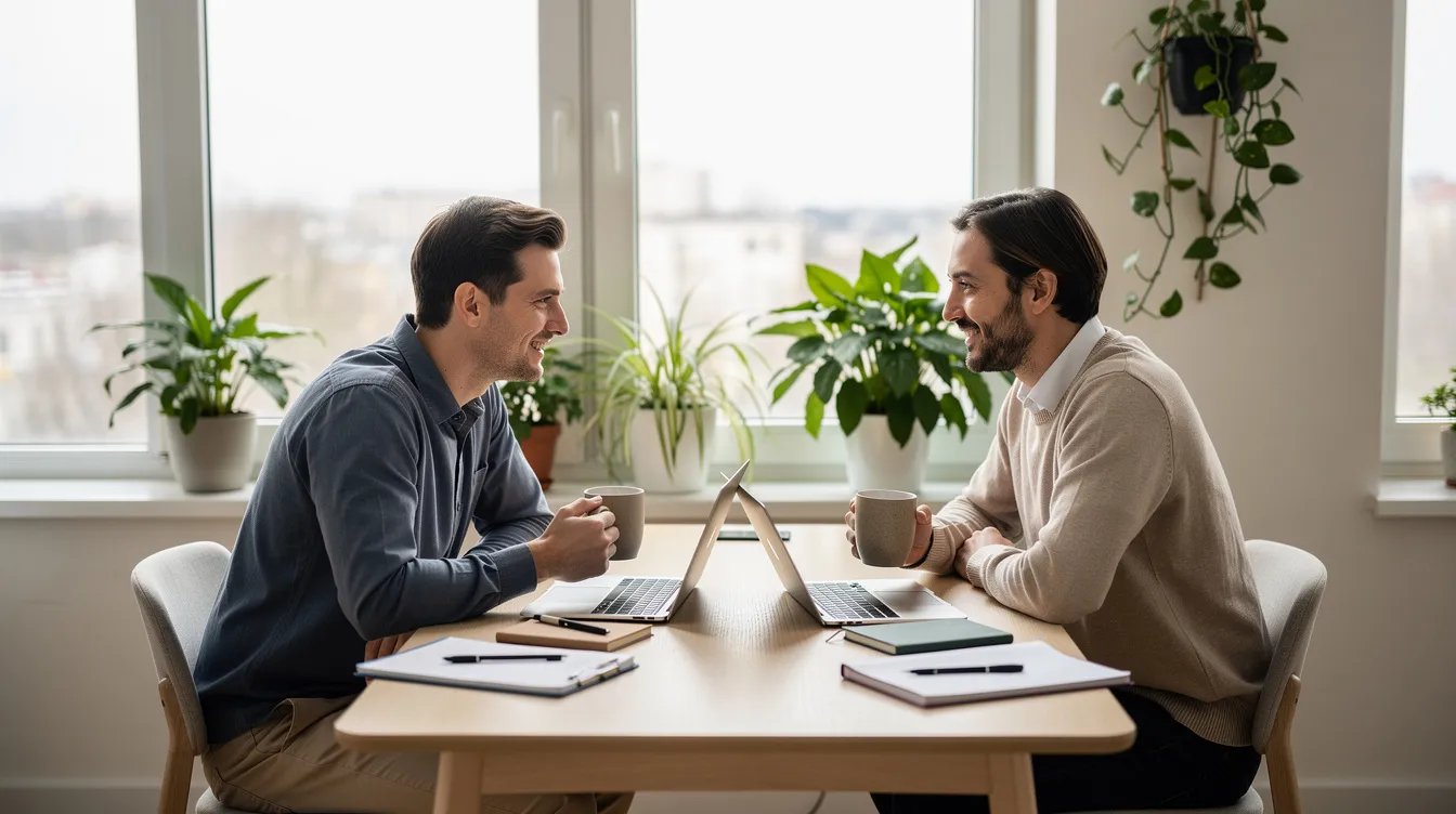 Dans un lieu de travail moderne et apaisant, baigné de lumière naturelle, deux collègues discutent tranquillement autour d'un café, entourés de plantes. Cette ambiance favorise le bien-être et peut aider à gérer les peurs liées au travail, comme l'ergophobie et l'anxiété.