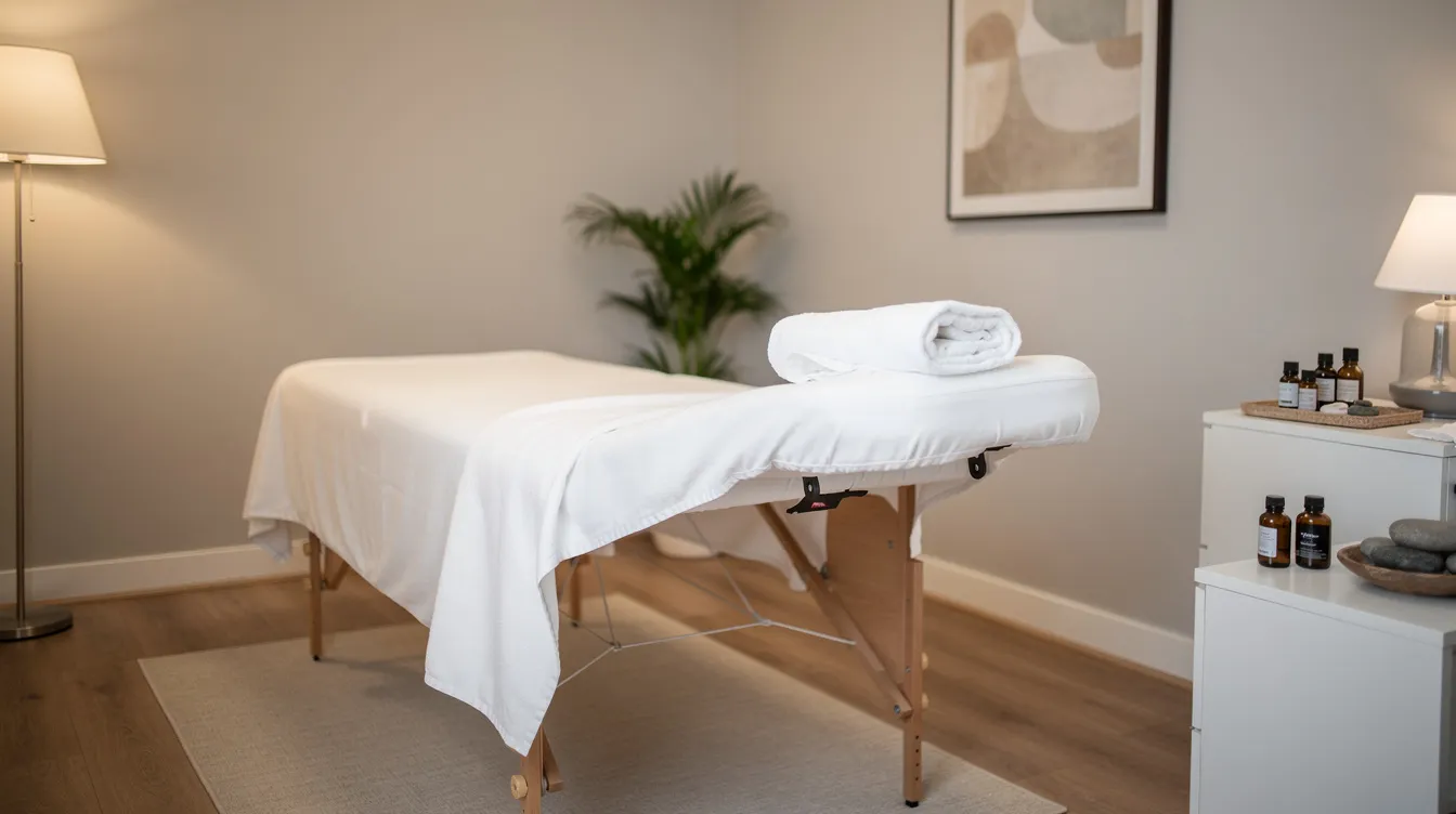 The image depicts a serene treatment room featuring a massage table bathed in soft lighting, creating a calming atmosphere ideal for lymphatic drainage massage. This therapeutic environment suggests a focus on healing, particularly beneficial for post-operative recovery after liposuction, helping to reduce swelling and support the body's lymphatic system.
