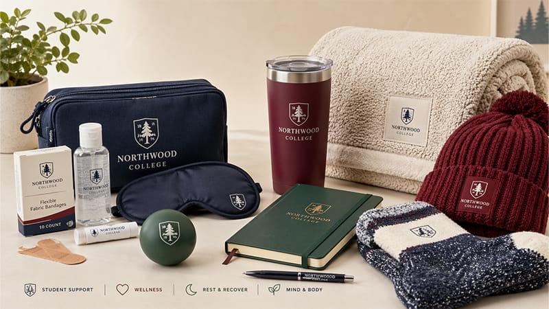 Best Swag Items: Wellness ideas gift set, including lip balm, hand sanitizer, sleep masks, and stress-relief eye masks, along with cozy comfort items like soft throw blankets and fuzzy socks, for students' well-being.