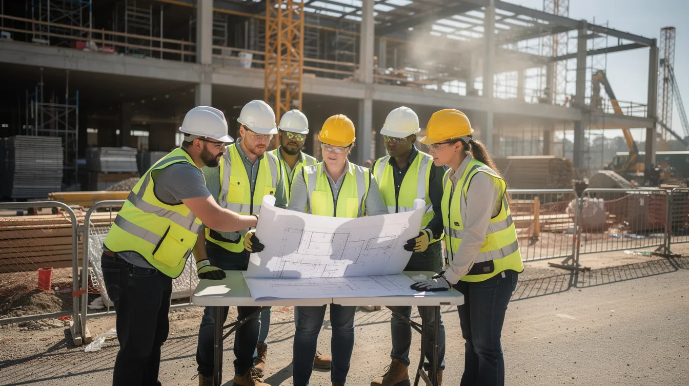 A construction crew wearing high-visibility vests and hard hats is gathered around a supervisor at an active commercial jobsite, reviewing plans and discussing the essential steps for their ongoing construction projects. This scene highlights the importance of leadership and teamwork in the construction industry, as well as the commitment to safety and skills development among workers.