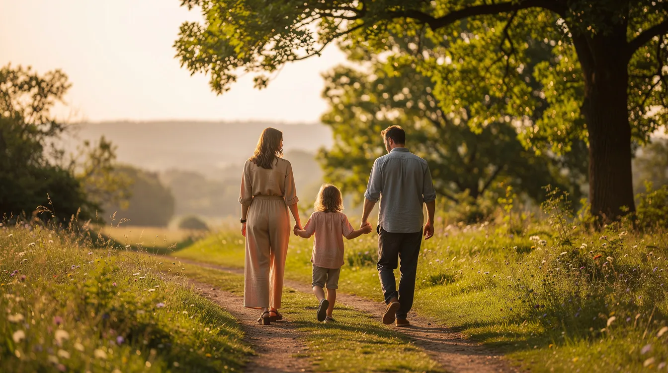 A family of four is walking together along a serene path surrounded by lush greenery, embodying a sense of connection and support. This scene highlights the importance of family members in the healing process and illustrates a trauma-informed approach to well-being in natural settings.