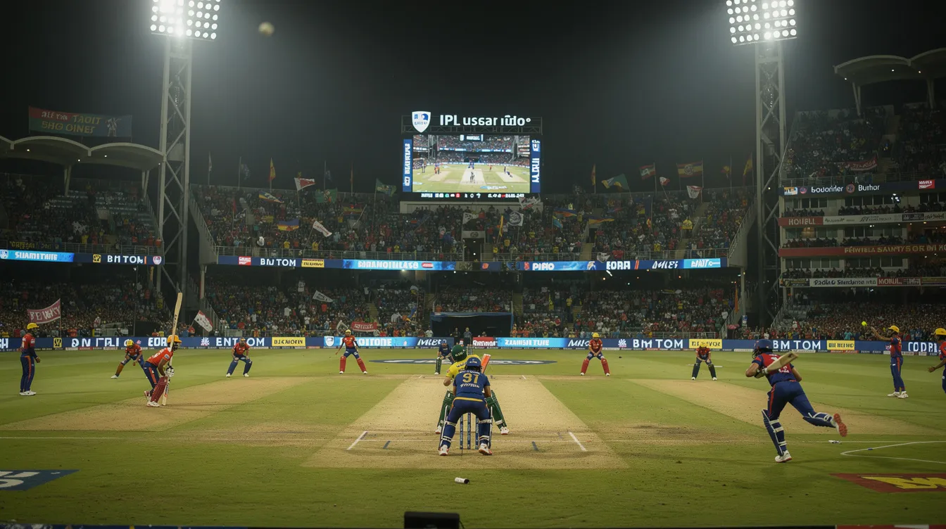 The image depicts a vibrant cricket stadium filled with enthusiastic fans during an IPL match, showcasing players in action on the field. The atmosphere is electric, highlighting the excitement of cricket betting markets and the engagement of Indian cricket fans as they cheer for their teams.