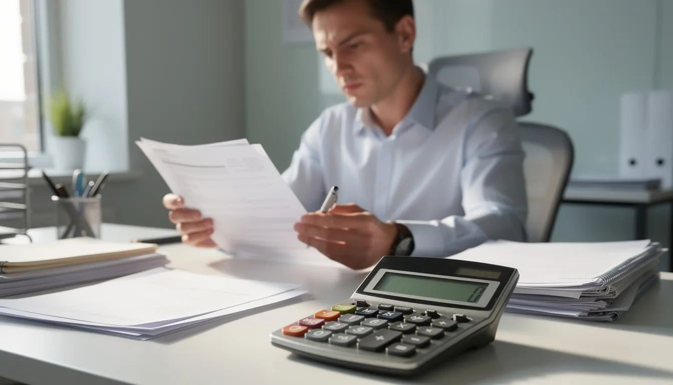 A person is seated at a desk, meticulously reviewing paperwork with a calculator beside them, likely assessing their workers compensation claims and benefits. The scene suggests a focus on understanding medical expenses and potential compensation related to a work-related injury.