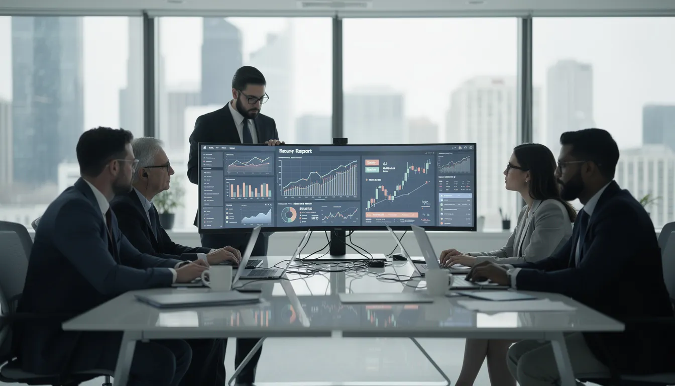 The image depicts financial services professionals in a modern office, intently reviewing security reports on their computer screens, focusing on cybersecurity risks and security measures to protect sensitive data. Their work emphasizes the importance of compliance with cybersecurity regulations and maintaining a robust security posture to mitigate potential data breaches.