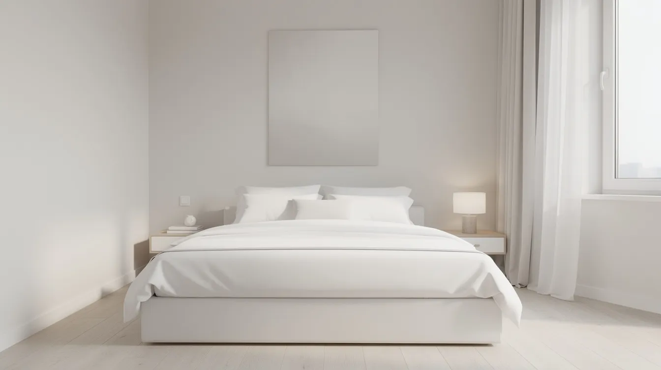 The image depicts a clean bedroom featuring white bedding and minimal textiles, creating a serene environment that may help reduce indoor allergens like dust mites and pet dander, promoting better sleep quality for allergy sufferers. The uncluttered space encourages restful sleep, potentially alleviating nighttime allergy symptoms and improving overall sleep health.