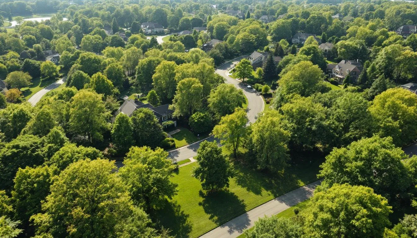 An aerial view showcases expansive estate properties in Livingston Woods, Naples, featuring large lots and mature trees that highlight the spacious character of the community. The image conveys a sense of privacy and tranquility, ideal for those seeking a luxurious living space close to top-rated schools and amenities.