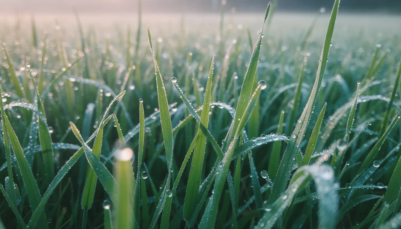 A close-up view of thick green grass blades glistening with morning dew droplets, showcasing healthy plant growth and vibrant color. This lush lawn indicates optimal soil health and nutrient retention, essential for established lawns during the growing season.