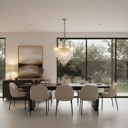Dining room chandelier with layered clear glass drops creating a soft statement above a long dining table.