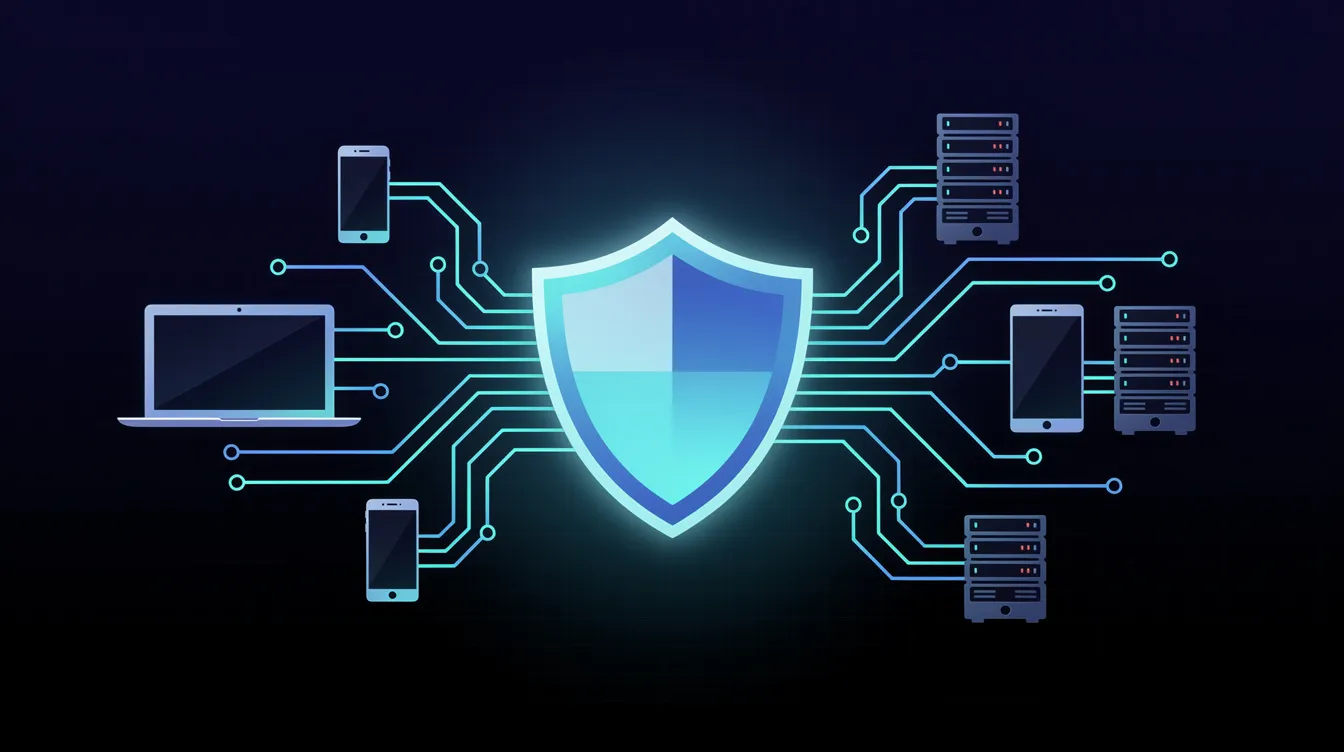 The image features a digital shield icon symbolizing protection over a network of connected devices, set against a dark background. This visual representation highlights the importance of security in AI technologies and the safeguarding of sensitive data against potential risks from bad actors in the digital landscape.