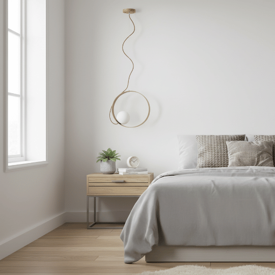 Minimal Scandinavian bedroom featuring a sculptural brass wall-mounted light with a circular frame and globe bulb above the bedside table.