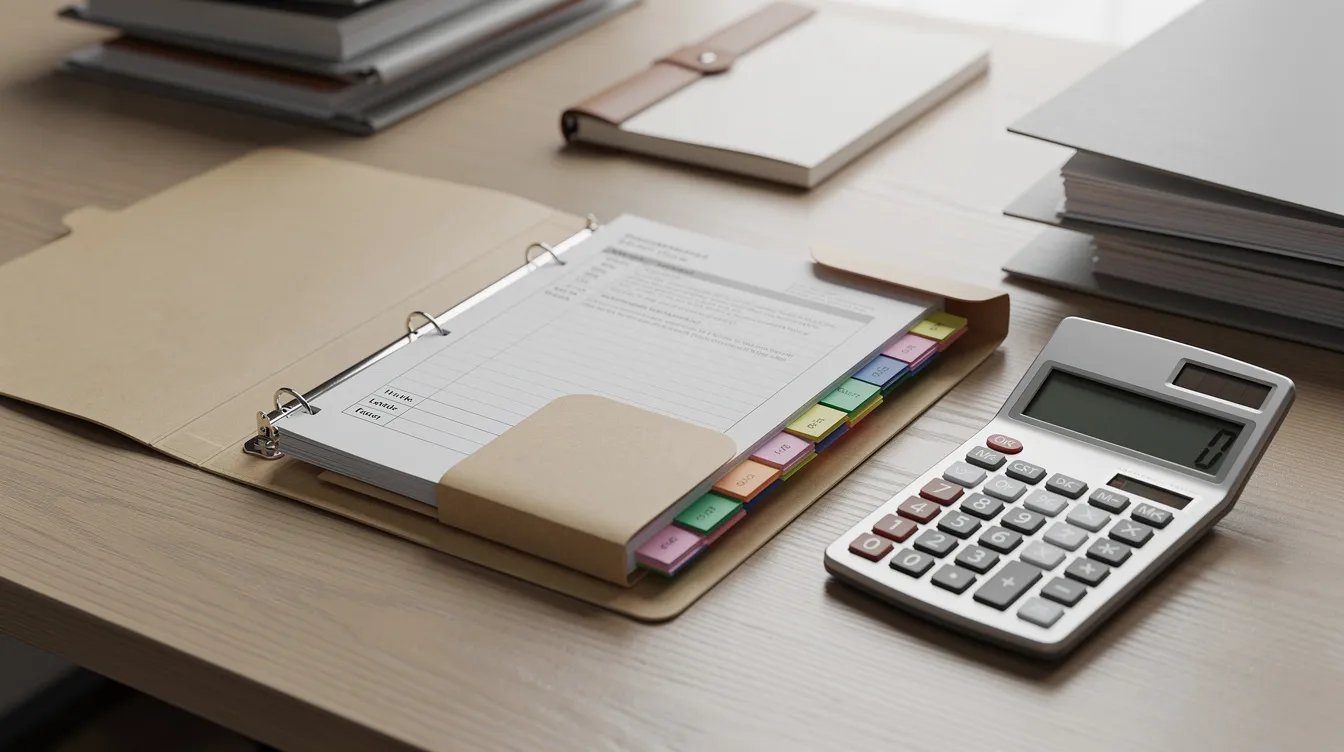 54b6ac92 bb4c 41ae 91e6 0300c15f4eb9 The image shows a neatly organized folder containing various documents and files on a desk, accompanied by a calculator, suggesting a workspace focused on managing business loans and financial planning for micro entrepreneurs under the Mudra Yojana scheme. This setup may be used to prepare business plans and verify eligibility criteria for direct loans from the bank.