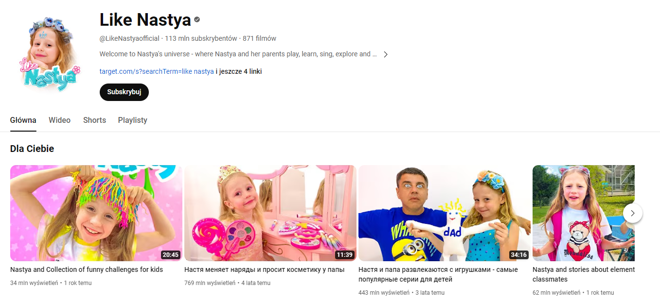 Kanał Youtube Like Nastya.