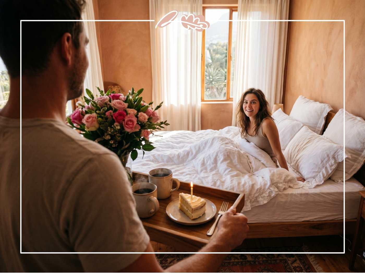 Boyfriend bringing a birthday breakfast tray with a pink rose bouquet from Fabulous Flowers to his girlfriend waking up in bed