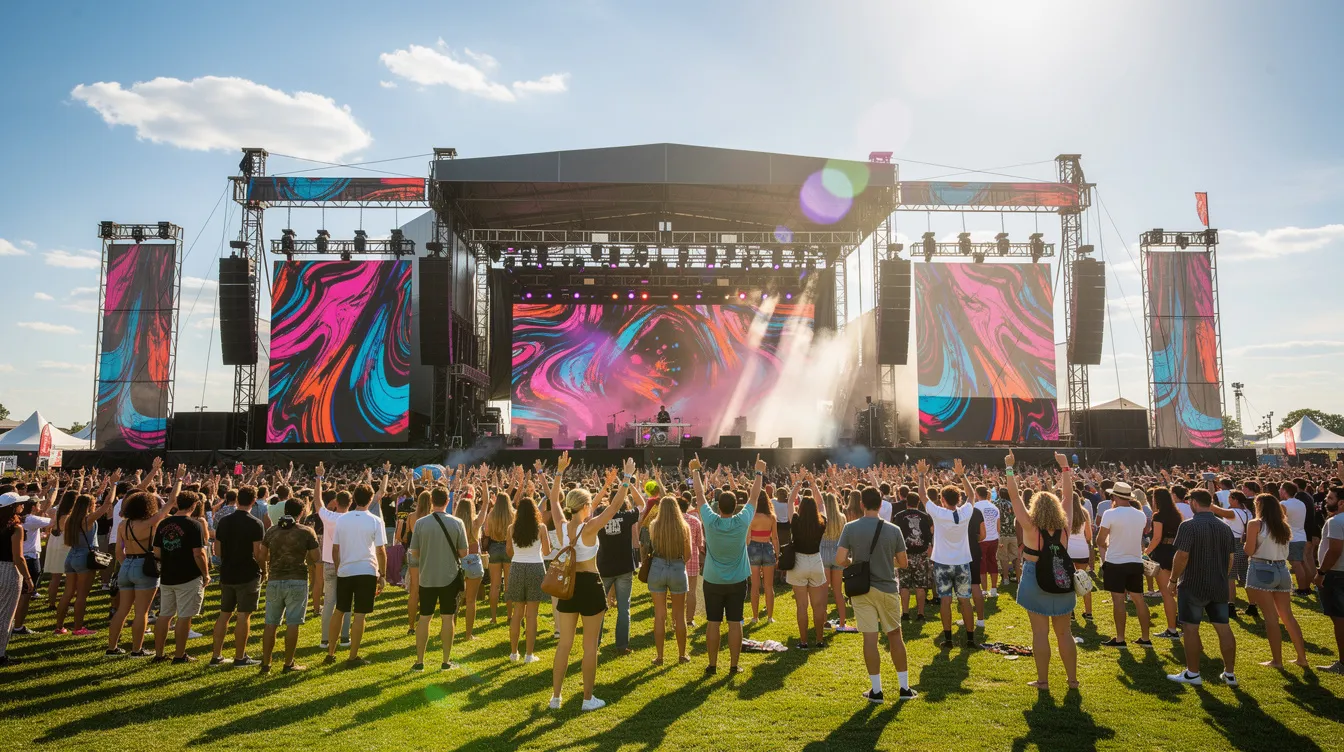 A vibrant outdoor festival stage is set against a bright afternoon sky, featuring large LED screens displaying colorful visuals to an enthusiastic crowd gathered on a grassy field. The high-resolution LED displays enhance the concert experience, creating a dynamic visual impact for the audience members enjoying the live event.