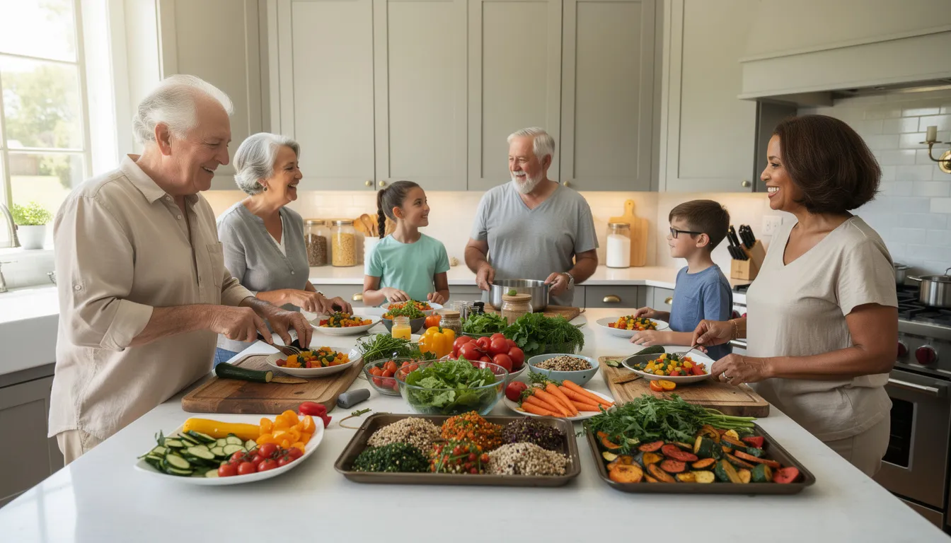In a bright kitchen, older adults and younger family members are joyfully cooking together, preparing vibrant plant-based dishes filled with vegetables and whole grains. This scene emphasizes the importance of a longevity diet, showcasing healthy food choices that promote a long and healthy life.