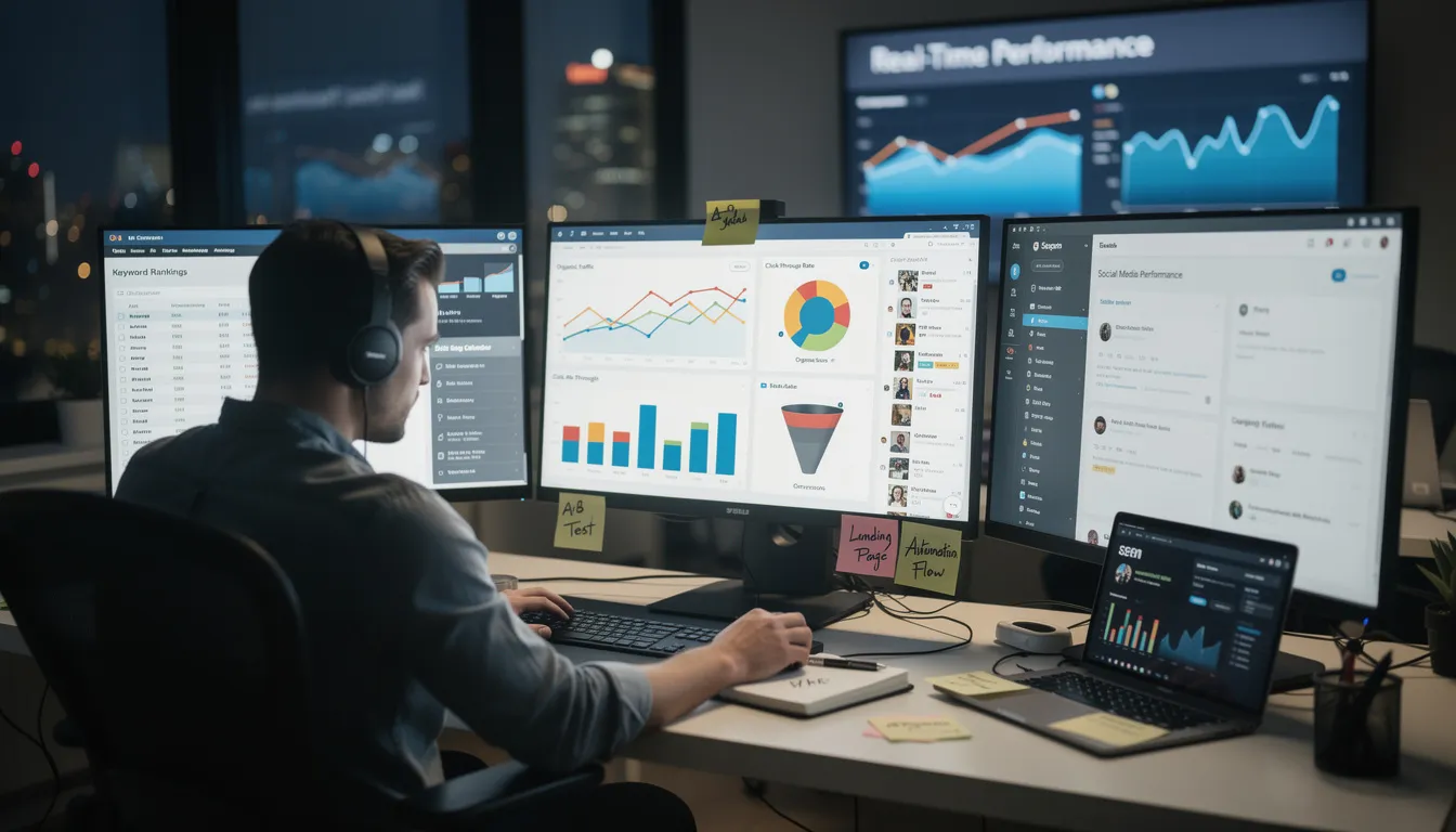 The image depicts a digital marketer analyzing various digital marketing channels, including social media marketing, search engine optimization (SEO), and email marketing. They are reviewing key performance indicators (KPIs) such as organic traffic and conversion metrics to refine their digital marketing strategy and enhance the effectiveness of their marketing campaigns.