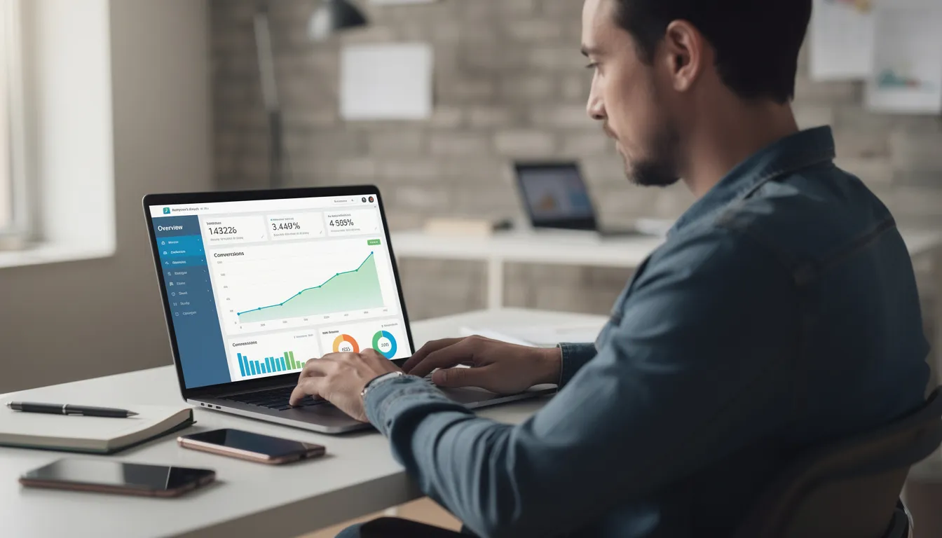 A business owner is intently focused on a laptop screen displaying website analytics, highlighting key metrics related to search traffic and organic search performance. This scene emphasizes the importance of search engine optimization for small businesses in the digital marketing landscape.
