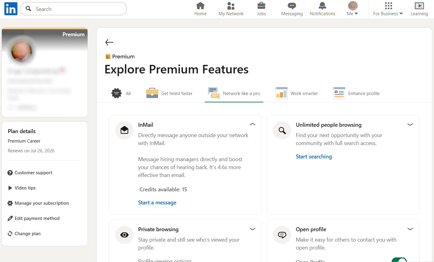 LinkedIn InMail interface showing credit balance and message composition