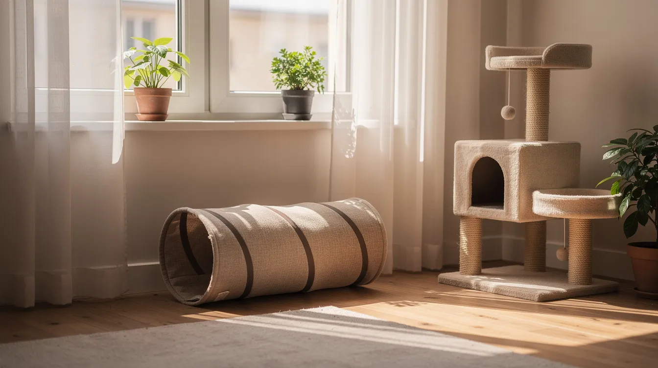 A cozy corner of a small apartment features a cat tunnel along the wall near a bright window, providing an engaging space for indoor cats to explore and hide. Nearby, a small cat tree offers vertical space for play and relaxation, creating a warm environment for curious kitties.