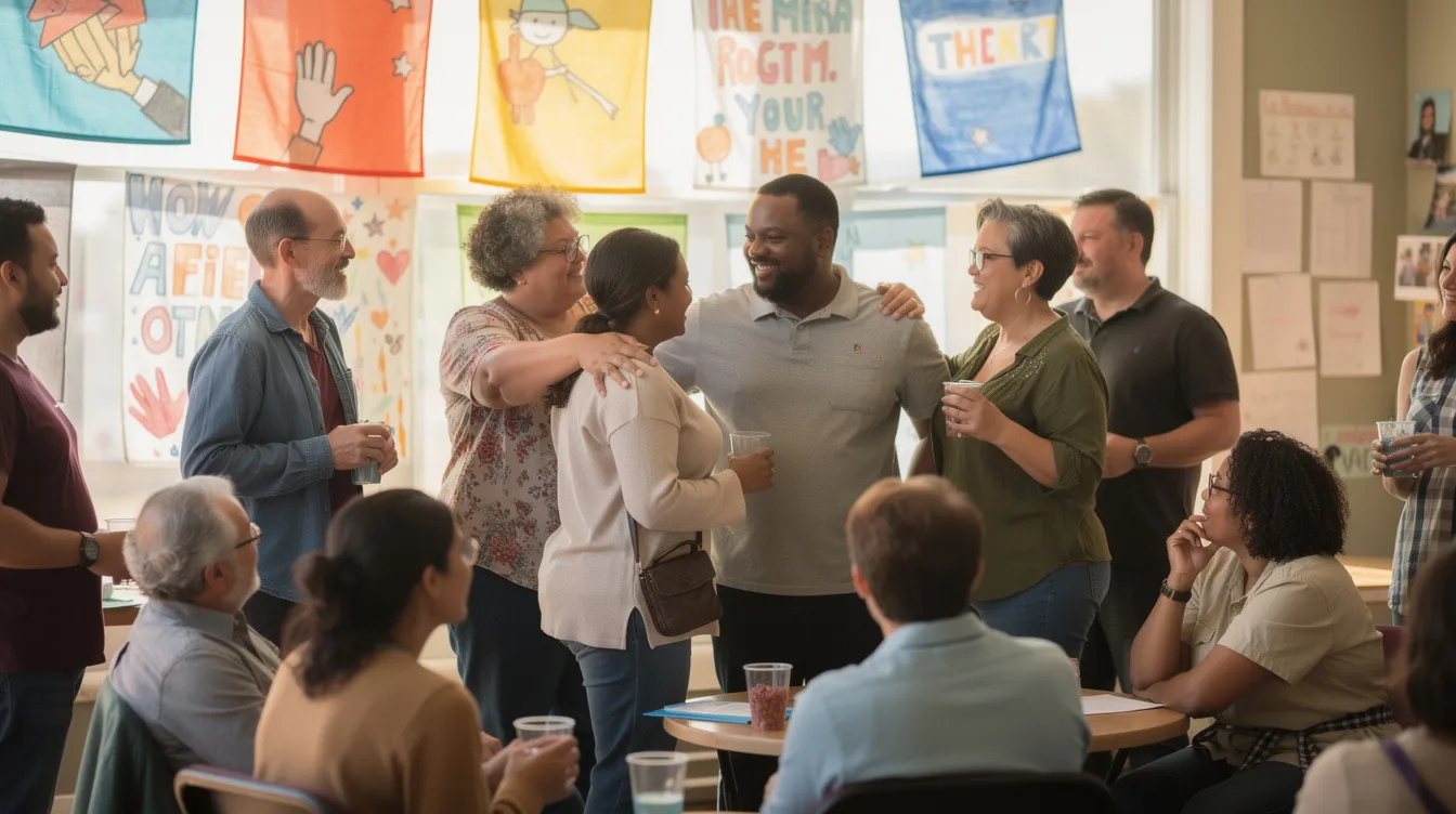 Ongoing Struggles and Achievements in LGBTQIA Rights 5 - Consent Culture A diverse group of community members, including same-sex couples and transgender individuals, gather at a neighborhood center, engaging in heartfelt conversations and embraces, while colorful banners promoting LGBTQ rights and equality hang in the background. This scene reflects the ongoing struggles and achievements in LGBTQIA rights, emphasizing the importance of community support in advocating for legal protections and acceptance.