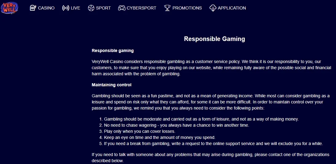 The "Responsible Gaming" section of the Verywell Casino website