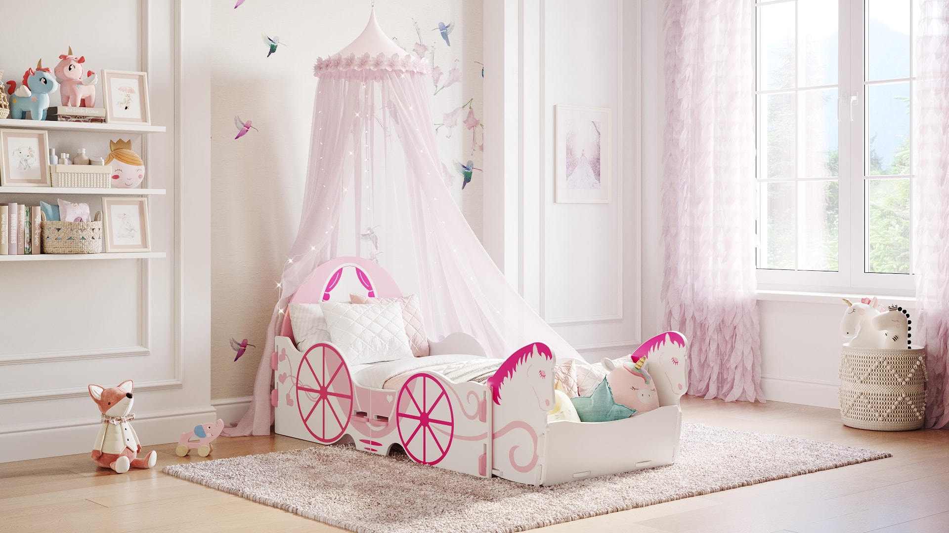 A horse and carrriage child's bed with pink horses