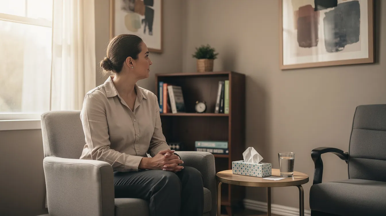 The image shows a worker sitting quietly in a counseling office, reflecting on their mental health issues and emotional distress after experiencing a psychologically traumatic event. This peaceful setting highlights the importance of therapy and support for injured workers dealing with stress and anxiety related to workplace events.