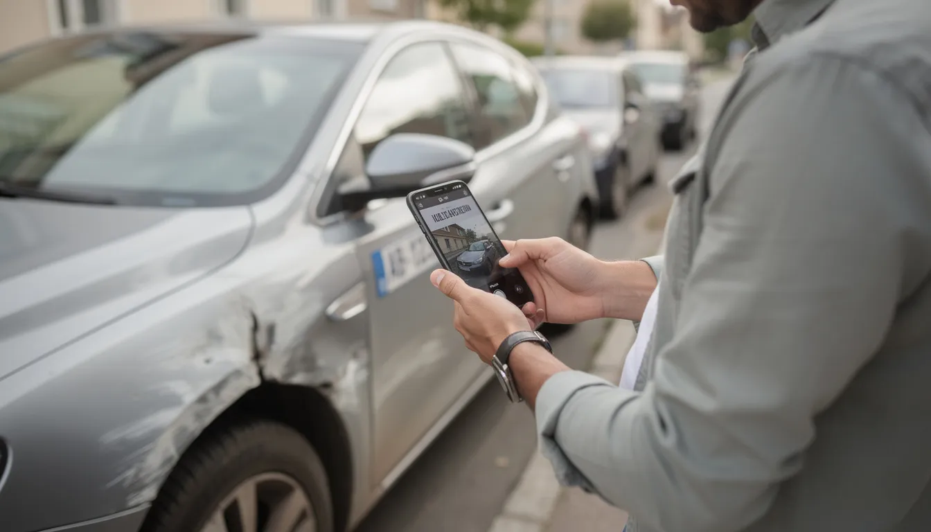 Une personne utilise son téléphone pour photographier les dommages visibles sur la carrosserie d'une voiture, probablement dans le cadre d'une réclamation suite à un accident. Cette image illustre l'importance de documenter les dégâts pour une prise en charge efficace par la société de location Sixt.