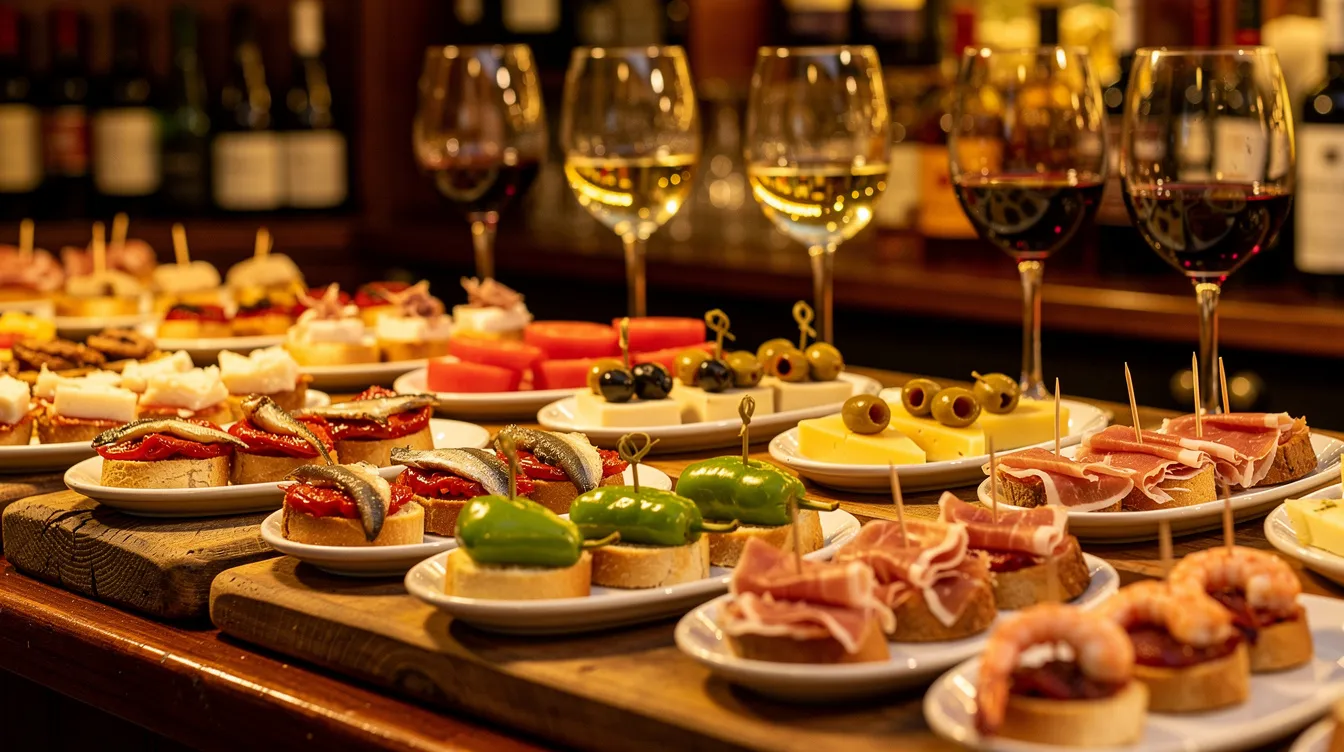 Pintxos en Pamplona Una barra de bar llena de pintxos coloridos y copas de vino, ideal para disfrutar durante las celebraciones de San Fermín en Pamplona. En el ambiente se siente la alegría de la feria del toro y el bullicio de la ciudad, mientras la gente se reúne para compartir una experiencia gastronómica.