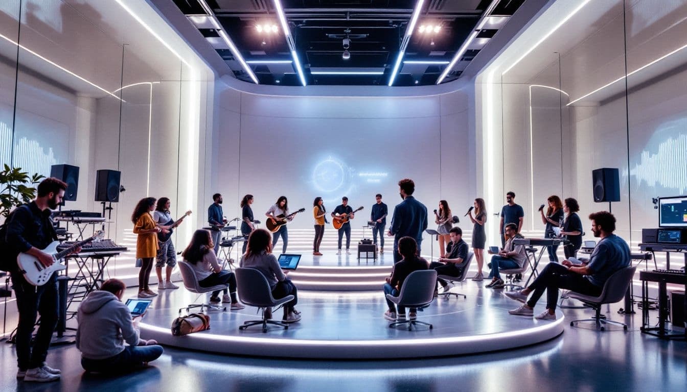 A hands-on learning environment with students engaging in mastering different music genres.