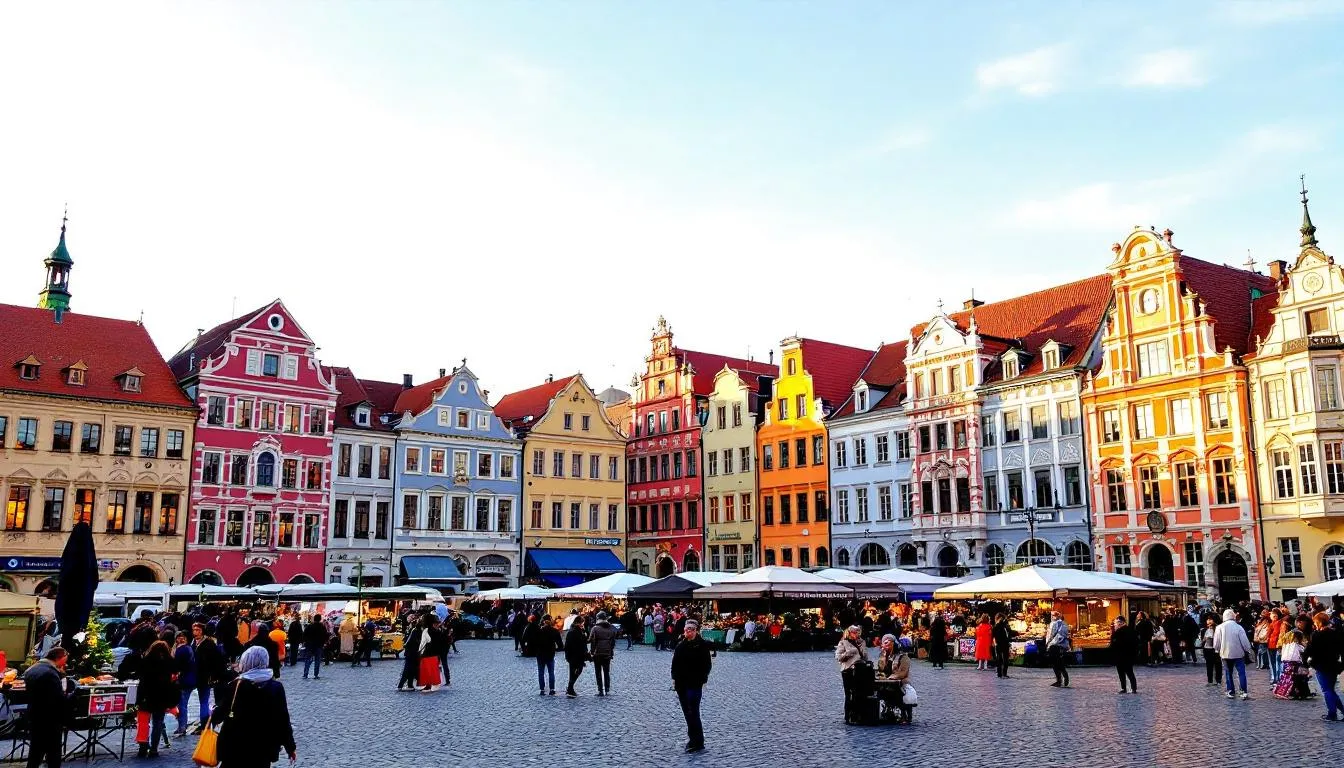 Bilden visar det historiska Stora torget i Wroclaw, med färgglada byggnader och livlig atmosfär där folk promenerar genom centrum. Detta område är perfekt för en svensexa i Wroclaw och ger en inblick i stadens rika historia och nattliv.
