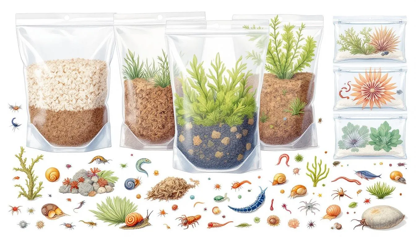 Quality substrates for pet terrariums displayed in bags.