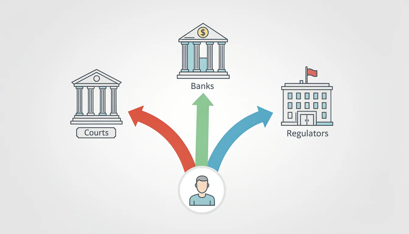 Cette illustration montre plusieurs chemins de recours légal, représentés par des flèches pointant vers des icônes d'un palais de justice, d'un bâtiment bancaire et d'un bâtiment gouvernemental. Elle illustre les options disponibles pour les victimes d'escroqueries liées aux cryptomonnaies, soulignant l'importance de connaître ses droits et les services à disposition pour lutter contre la fraude.