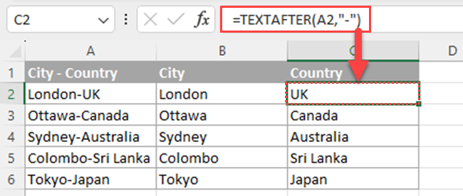 How to split cells in Excel using the TEXTAFTER function